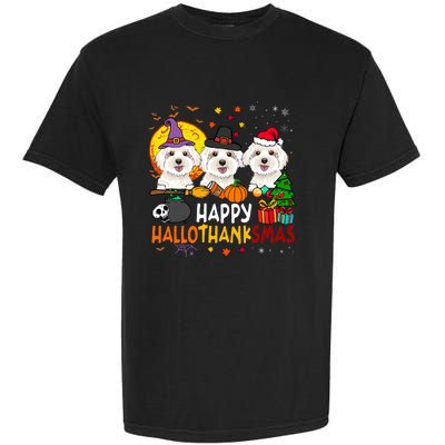 Happy Hallothanksmas Maltese Dog Halloween Thanksgiving Xmas Garment-Dyed Heavyweight T-Shirt