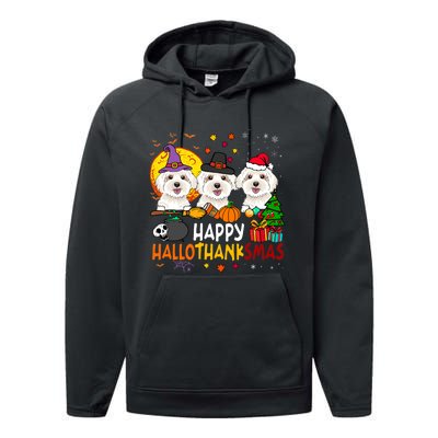 Happy Hallothanksmas Maltese Dog Halloween Thanksgiving Xmas Performance Fleece Hoodie