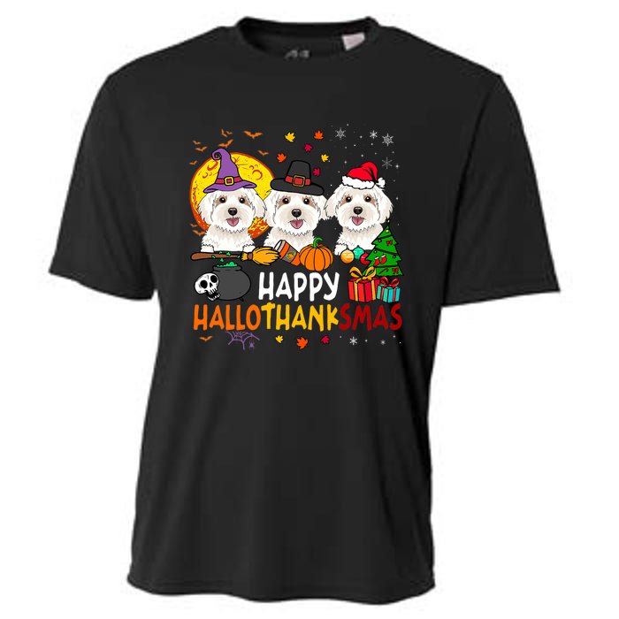 Happy Hallothanksmas Maltese Dog Halloween Thanksgiving Xmas Cooling Performance Crew T-Shirt