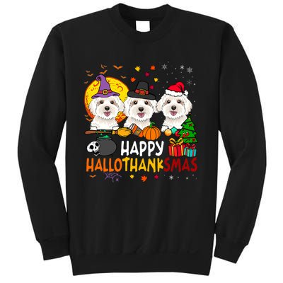 Happy Hallothanksmas Maltese Dog Halloween Thanksgiving Xmas Sweatshirt