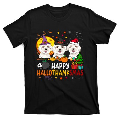 Happy Hallothanksmas Maltese Dog Halloween Thanksgiving Xmas T-Shirt