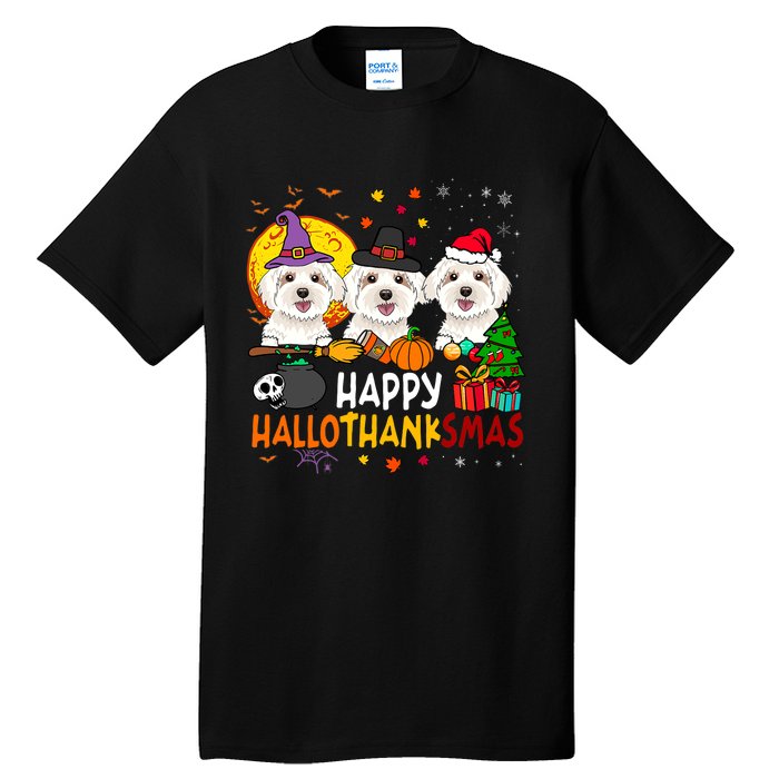 Happy Hallothanksmas Maltese Dog Halloween Thanksgiving Xmas Tall T-Shirt