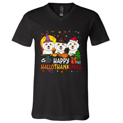 Happy Hallothanksmas Maltese Dog Halloween Thanksgiving Xmas V-Neck T-Shirt