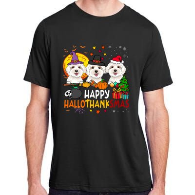 Happy Hallothanksmas Maltese Dog Halloween Thanksgiving Xmas Adult ChromaSoft Performance T-Shirt