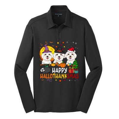 Happy Hallothanksmas Maltese Dog Halloween Thanksgiving Xmas Silk Touch Performance Long Sleeve Polo