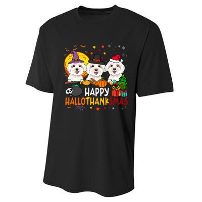 Happy Hallothanksmas Maltese Dog Halloween Thanksgiving Xmas Performance Sprint T-Shirt