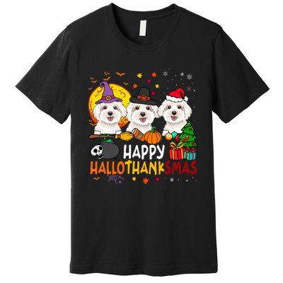 Happy Hallothanksmas Maltese Dog Halloween Thanksgiving Xmas Premium T-Shirt