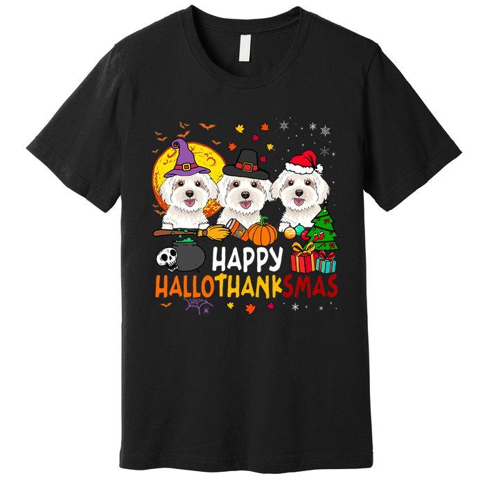 Happy Hallothanksmas Maltese Dog Halloween Thanksgiving Xmas Premium T-Shirt