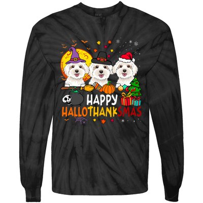 Happy Hallothanksmas Maltese Dog Halloween Thanksgiving Xmas Tie-Dye Long Sleeve Shirt