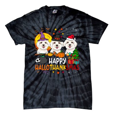 Happy Hallothanksmas Maltese Dog Halloween Thanksgiving Xmas Tie-Dye T-Shirt