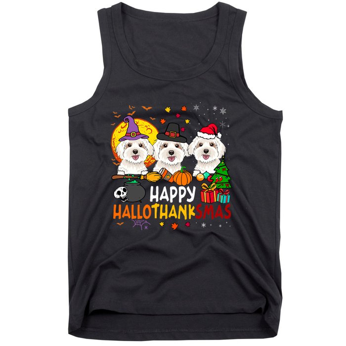 Happy Hallothanksmas Maltese Dog Halloween Thanksgiving Xmas Tank Top