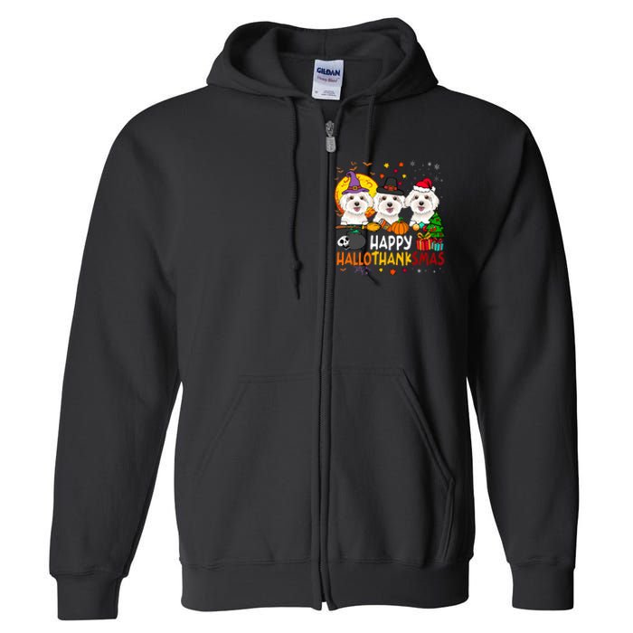 Happy Hallothanksmas Maltese Dog Halloween Thanksgiving Xmas Full Zip Hoodie