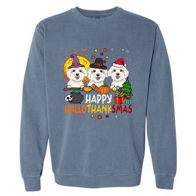 Happy Hallothanksmas Maltese Dog Halloween Thanksgiving Xmas Garment-Dyed Sweatshirt