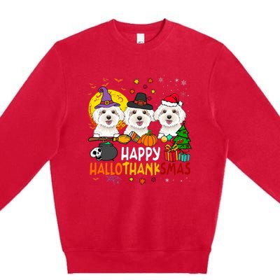 Happy Hallothanksmas Maltese Dog Halloween Thanksgiving Xmas Premium Crewneck Sweatshirt