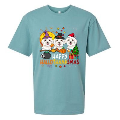 Happy Hallothanksmas Maltese Dog Halloween Thanksgiving Xmas Sueded Cloud Jersey T-Shirt