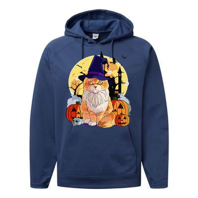 Happy Halloween Maine Coon Cat Witch Pumpkin Performance Fleece Hoodie