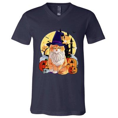 Happy Halloween Maine Coon Cat Witch Pumpkin V-Neck T-Shirt