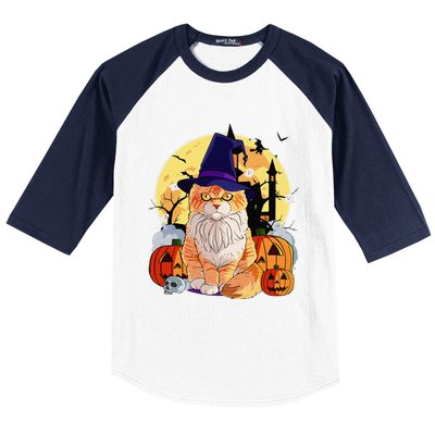 Happy Halloween Maine Coon Cat Witch Pumpkin Baseball Sleeve Shirt