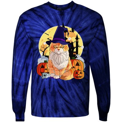 Happy Halloween Maine Coon Cat Witch Pumpkin Tie-Dye Long Sleeve Shirt