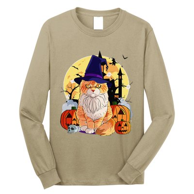 Happy Halloween Maine Coon Cat Witch Pumpkin Long Sleeve Shirt