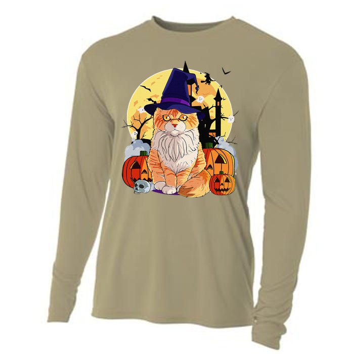 Happy Halloween Maine Coon Cat Witch Pumpkin Cooling Performance Long Sleeve Crew