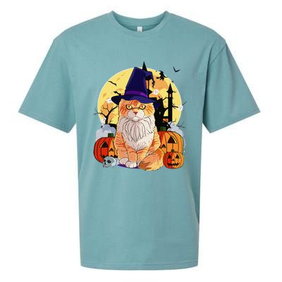 Happy Halloween Maine Coon Cat Witch Pumpkin Sueded Cloud Jersey T-Shirt