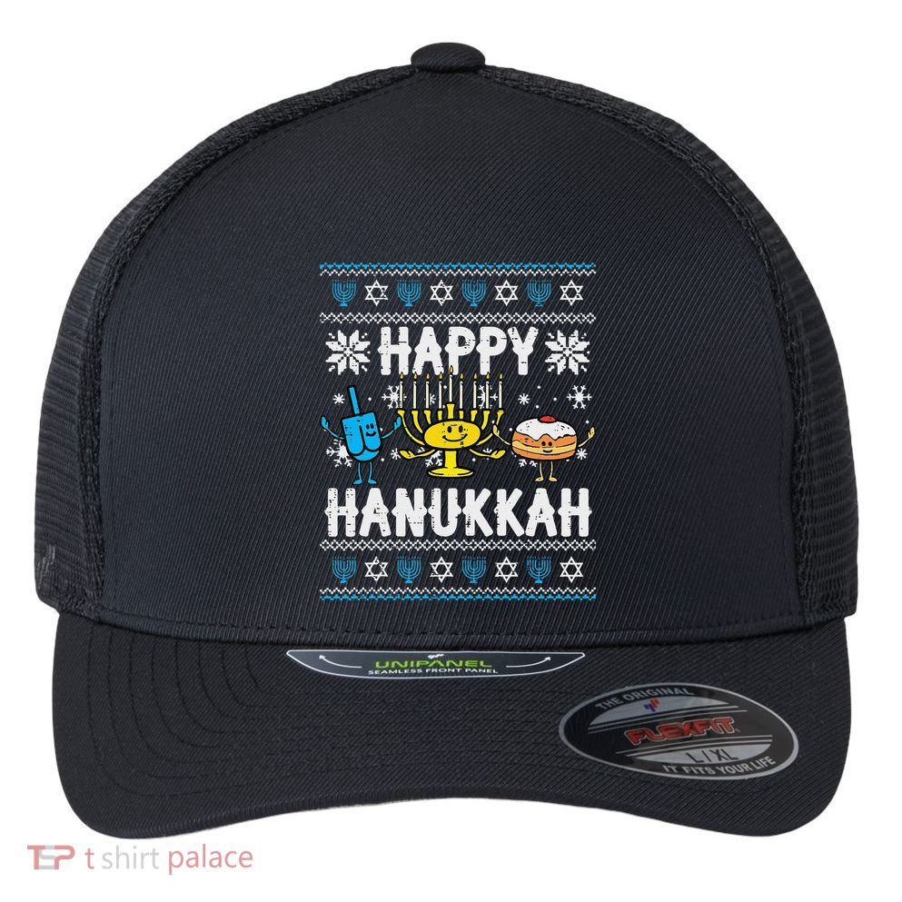 Happy Hanukkah Menorah Dreidel Ugly Chanukah Flexfit Unipanel Trucker Cap
