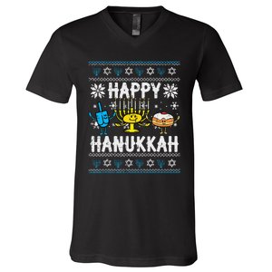 Happy Hanukkah Menorah Dreidel Ugly Chanukah V-Neck T-Shirt