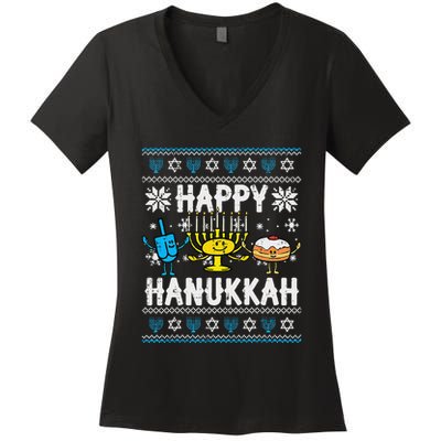 Happy Hanukkah Menorah Dreidel Ugly Chanukah Women's V-Neck T-Shirt