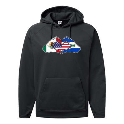 Heart Hands Mexico El Salvador And The USA. Performance Fleece Hoodie