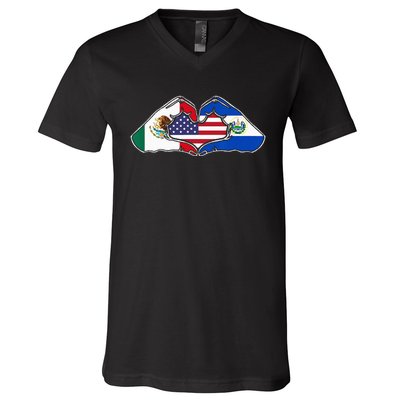 Heart Hands Mexico El Salvador And The USA. V-Neck T-Shirt