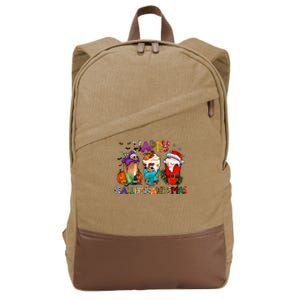 Happy Hallothanksmas Merry Christmas Thanksgiving Halloween Cotton Canvas Backpack