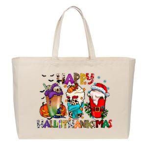 Happy Hallothanksmas Merry Christmas Thanksgiving Halloween Cotton Canvas Jumbo Tote