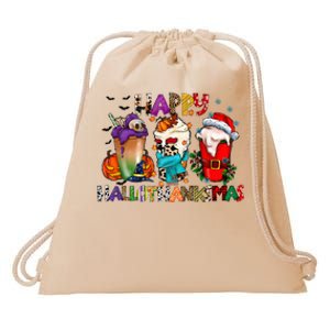 Happy Hallothanksmas Merry Christmas Thanksgiving Halloween Drawstring Bag