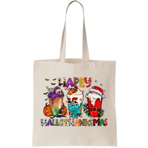 Happy Hallothanksmas Merry Christmas Thanksgiving Halloween Tote Bag