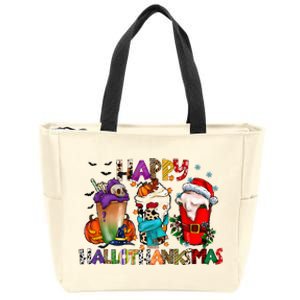 Happy Hallothanksmas Merry Christmas Thanksgiving Halloween Zip Tote Bag