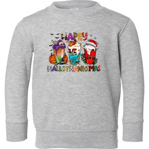 Happy Hallothanksmas Merry Christmas Thanksgiving Halloween Toddler Sweatshirt