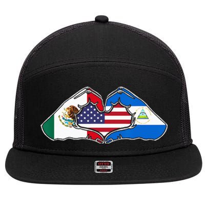 Heart Hands Mexico Nicaragua And The USA. 7 Panel Mesh Trucker Snapback Hat