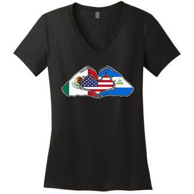 Heart Hands Mexico Nicaragua And The USA. Women's V-Neck T-Shirt