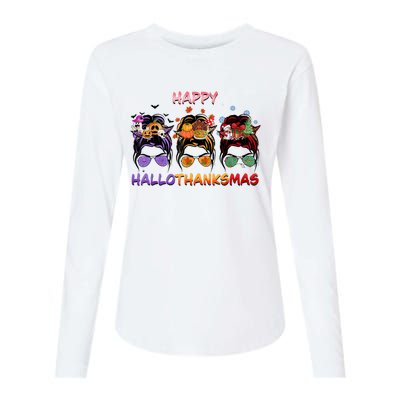 Happy Hallothanksmas Messy Bun Halloween Thanksgiving Xmas Womens Cotton Relaxed Long Sleeve T-Shirt