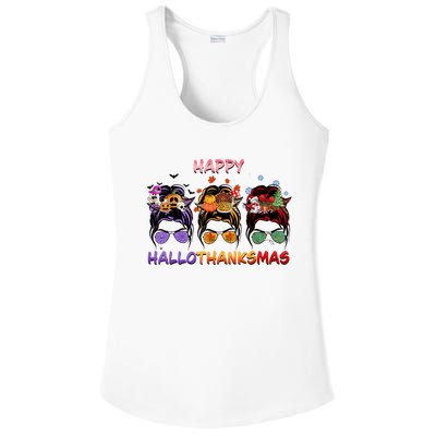 Happy Hallothanksmas Messy Bun Halloween Thanksgiving Xmas Ladies PosiCharge Competitor Racerback Tank