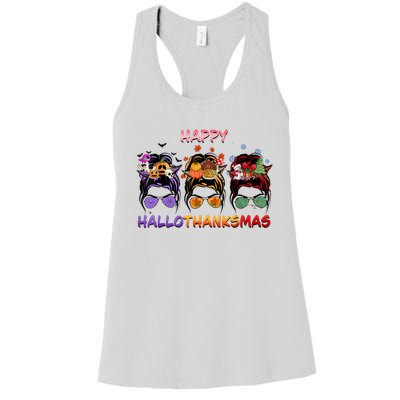 Happy Hallothanksmas Messy Bun Halloween Thanksgiving Xmas Women's Racerback Tank