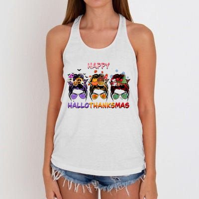 Happy Hallothanksmas Messy Bun Halloween Thanksgiving Xmas Women's Knotted Racerback Tank