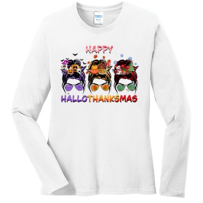 Happy Hallothanksmas Messy Bun Halloween Thanksgiving Xmas Ladies Long Sleeve Shirt