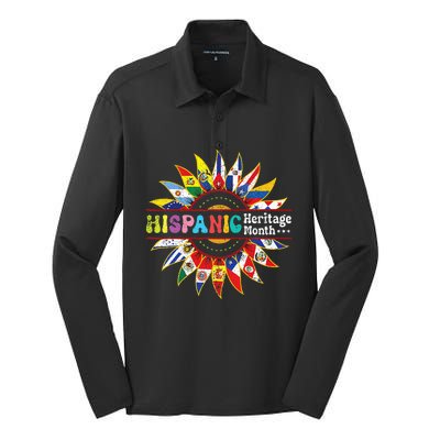 Hispanic Heritage Month Latino Countries Flags Sunflower Silk Touch Performance Long Sleeve Polo