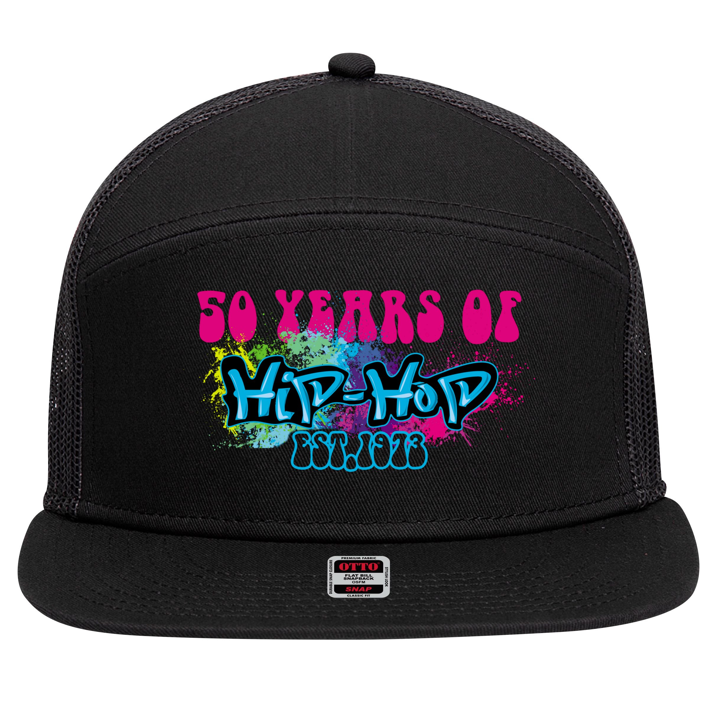 Hip Hop Music 50th Anniversary Rap Music 7 Panel Mesh Trucker Snapback Hat