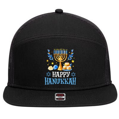 Happy Hanukkah Menorah Chanukah Jewish  7 Panel Mesh Trucker Snapback Hat