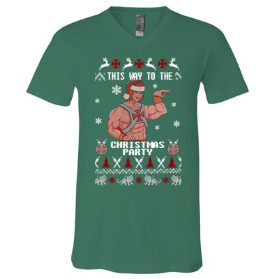 HD He Man This Way To The Christmas Party Ugly V-Neck T-Shirt