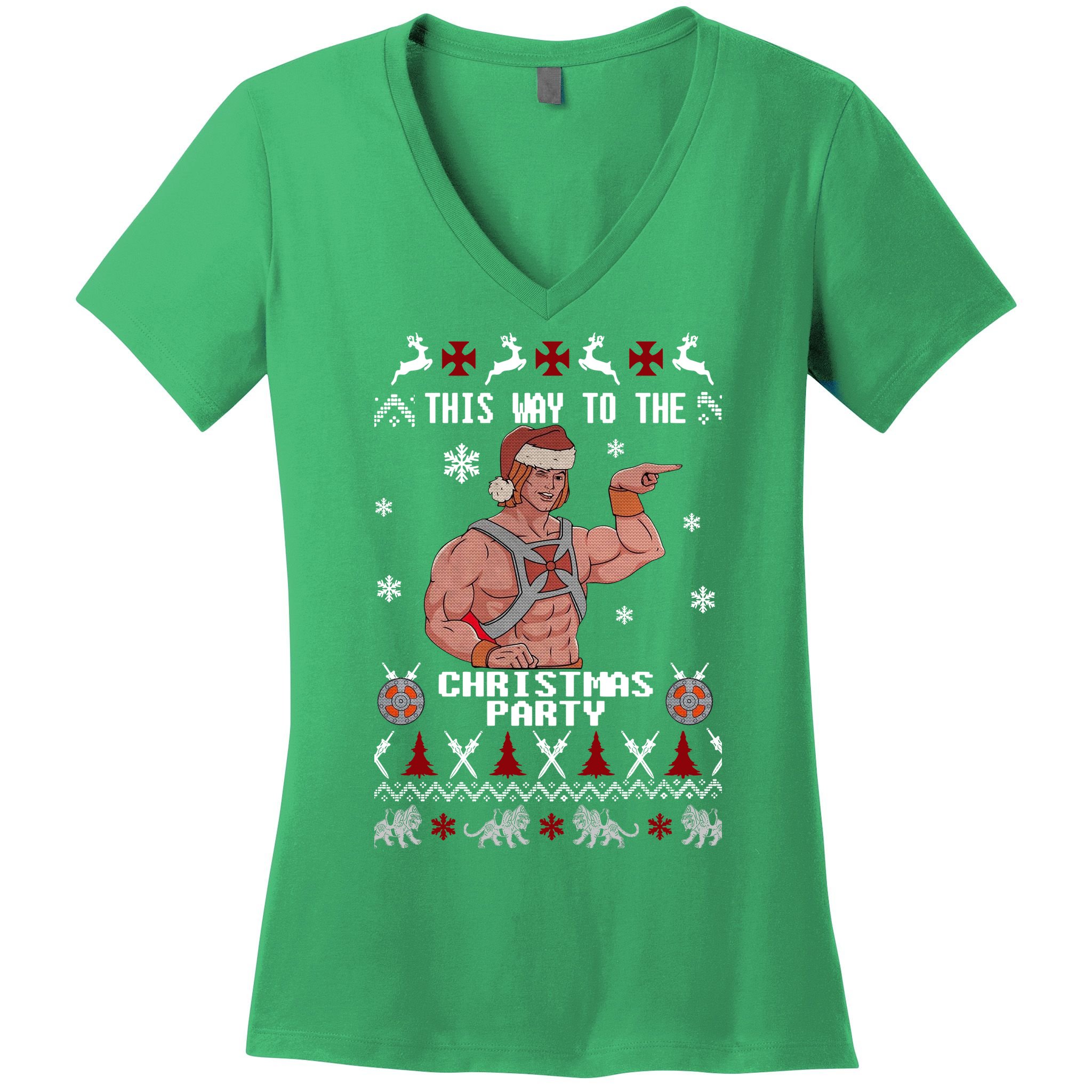 HD He Man This Way To The Christmas Party Ugly Women's V-Neck T-Shirt