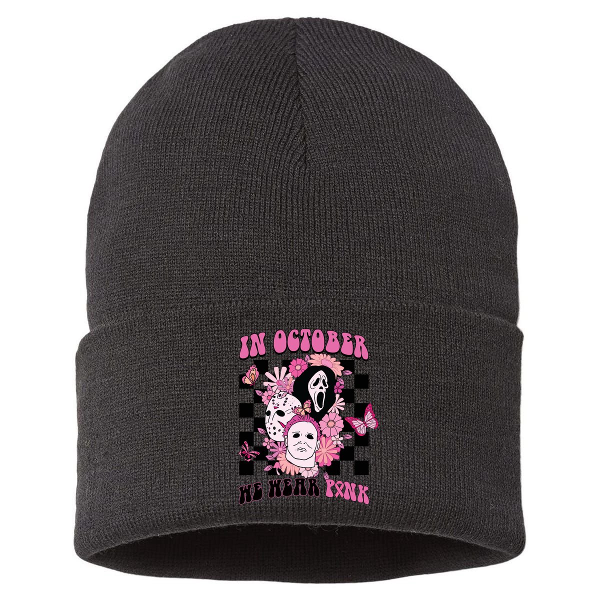 Halloween Horror Movie Characters Breast Cancer Sustainable Knit Beanie